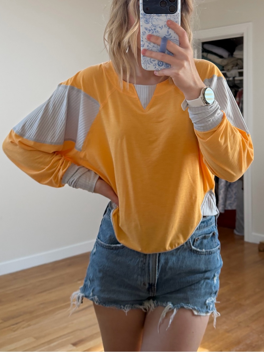 FP Movement by Free People Yellow V-Neck Mixed-Sleeve Pullover